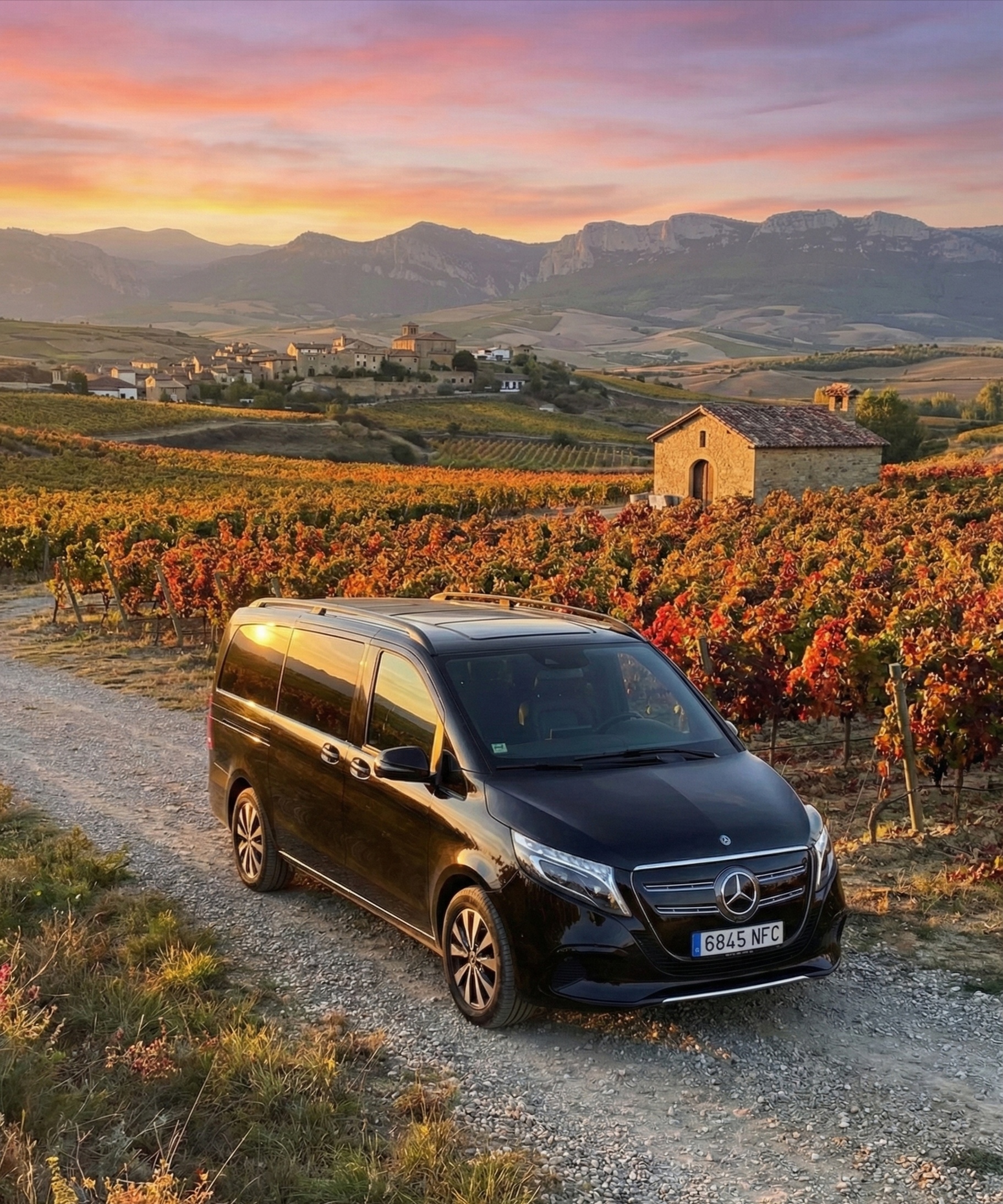 Black Mercedes-Benz EQV electric van for private wine tours and luxury transfers to Laguardia - RiojaBlack.